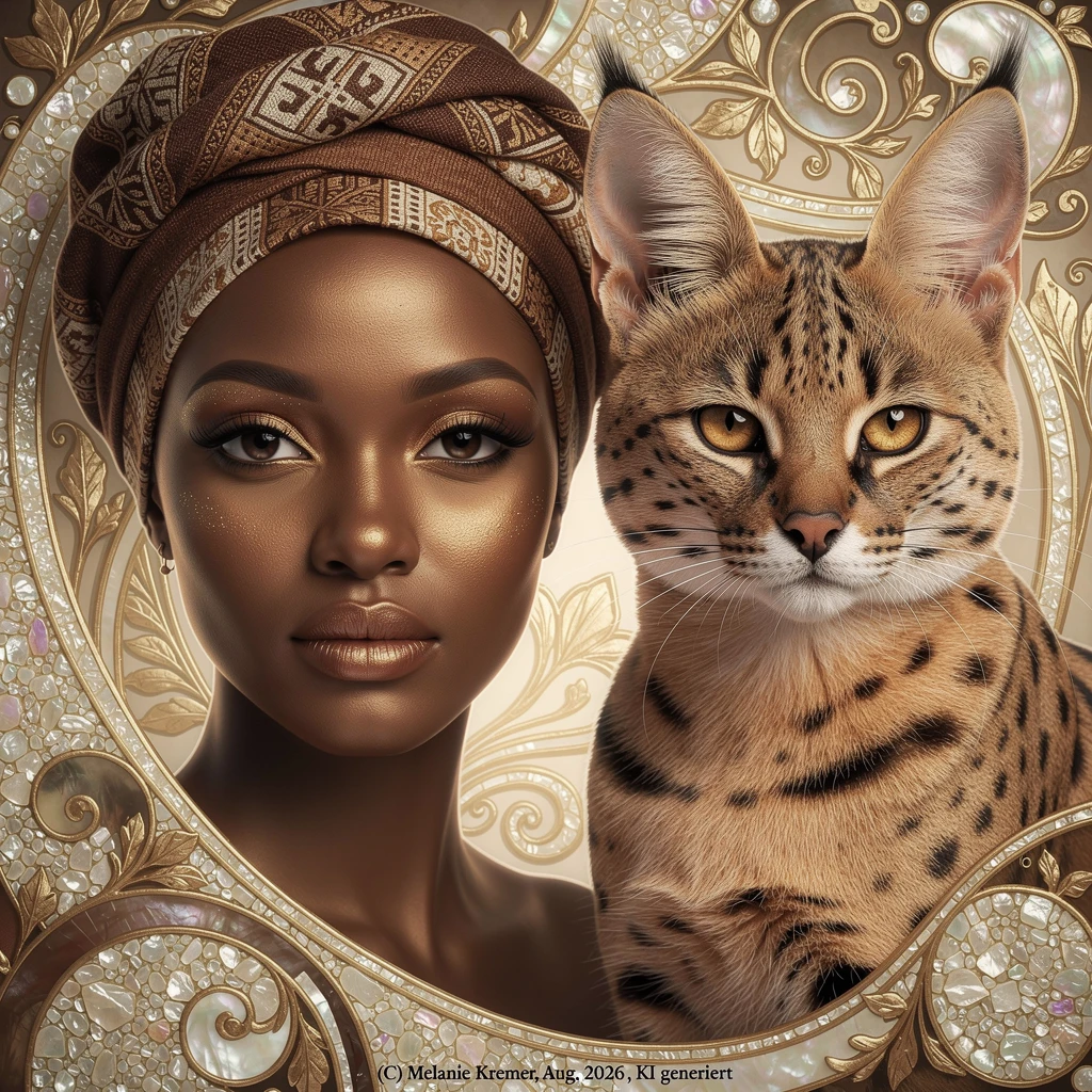 Retrato de mujer africana con gato serval y art nouveau nacarado