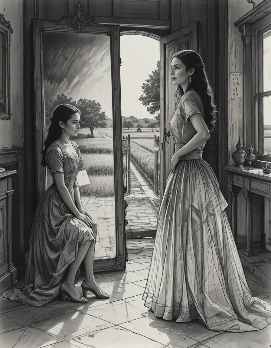 Victorian women in contrasting light before a tall mirror