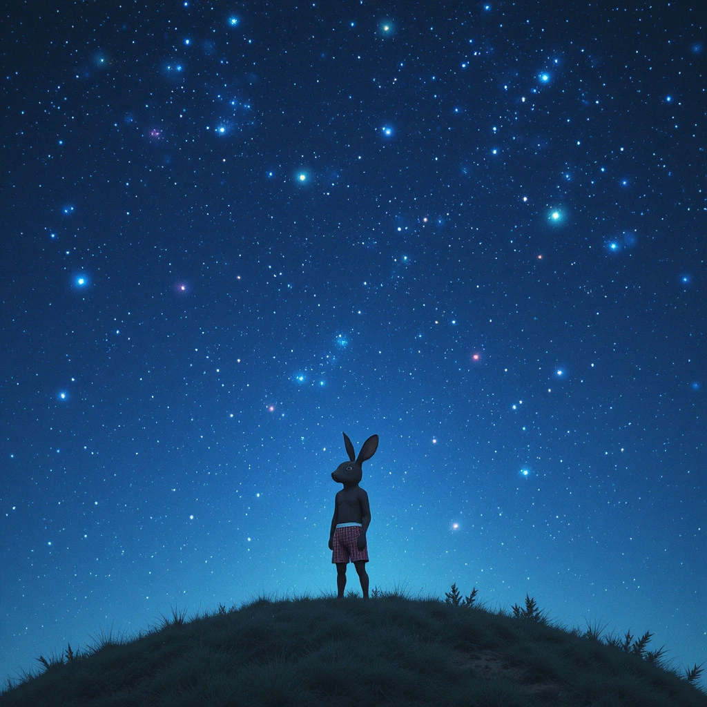 Conejo en pantalones cortos contemplando un cielo estrellado a medianoche