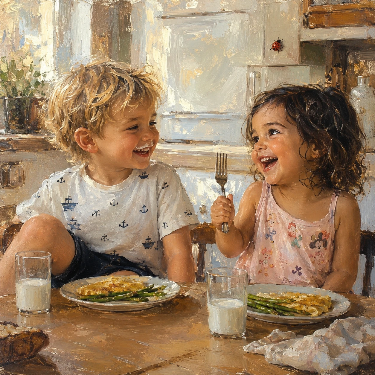 Hermanos pequeños riendo en la cena en una cocina acogedora