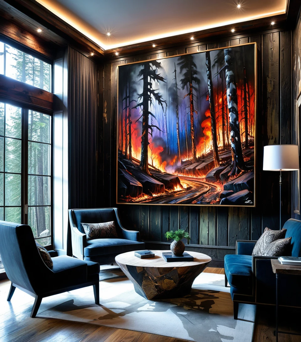 Estudio lujoso con pared‑galería de pinturas de incendios forestales
