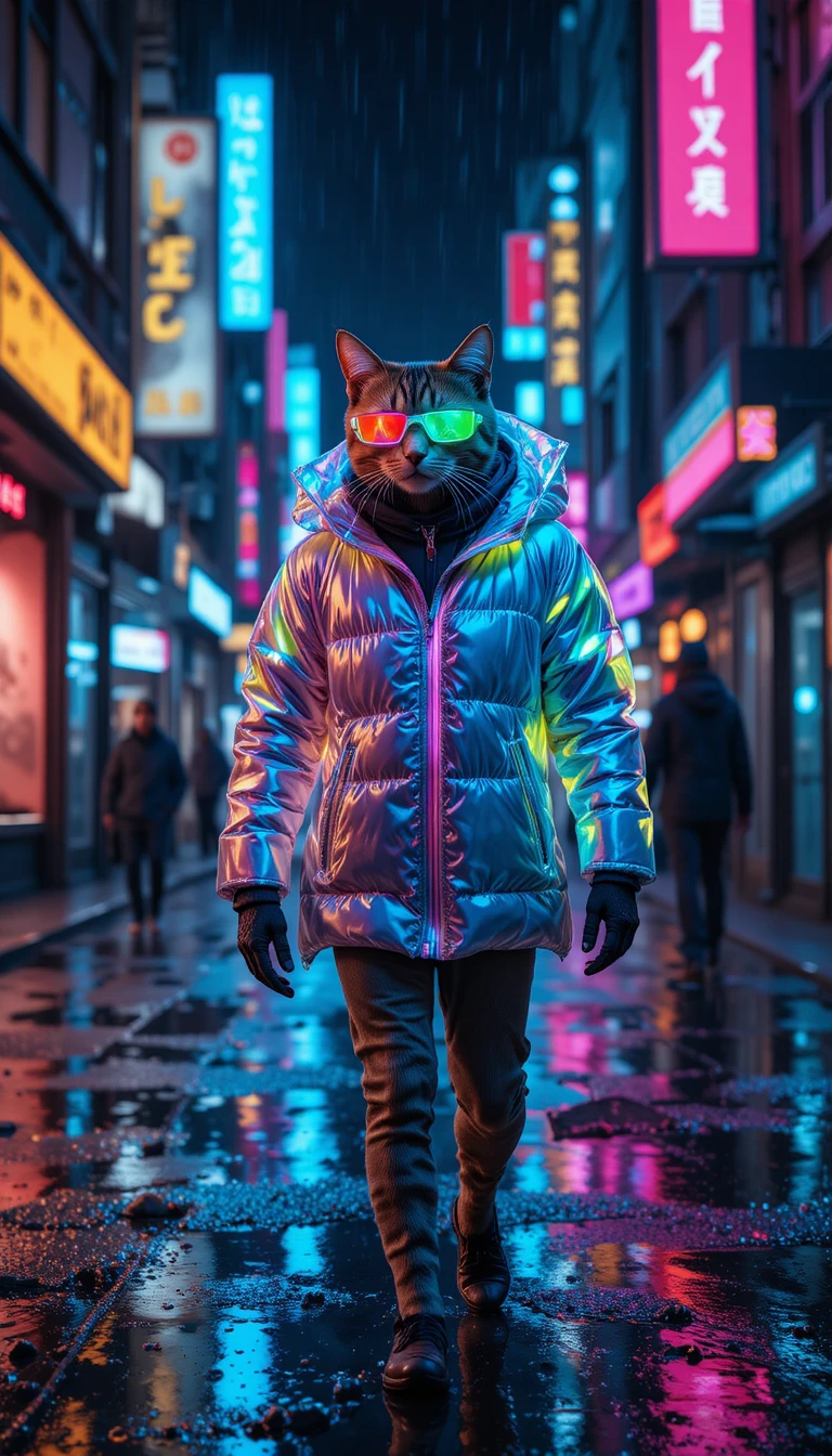 Gato con streetwear en ciudad cyberpunk neón de noche