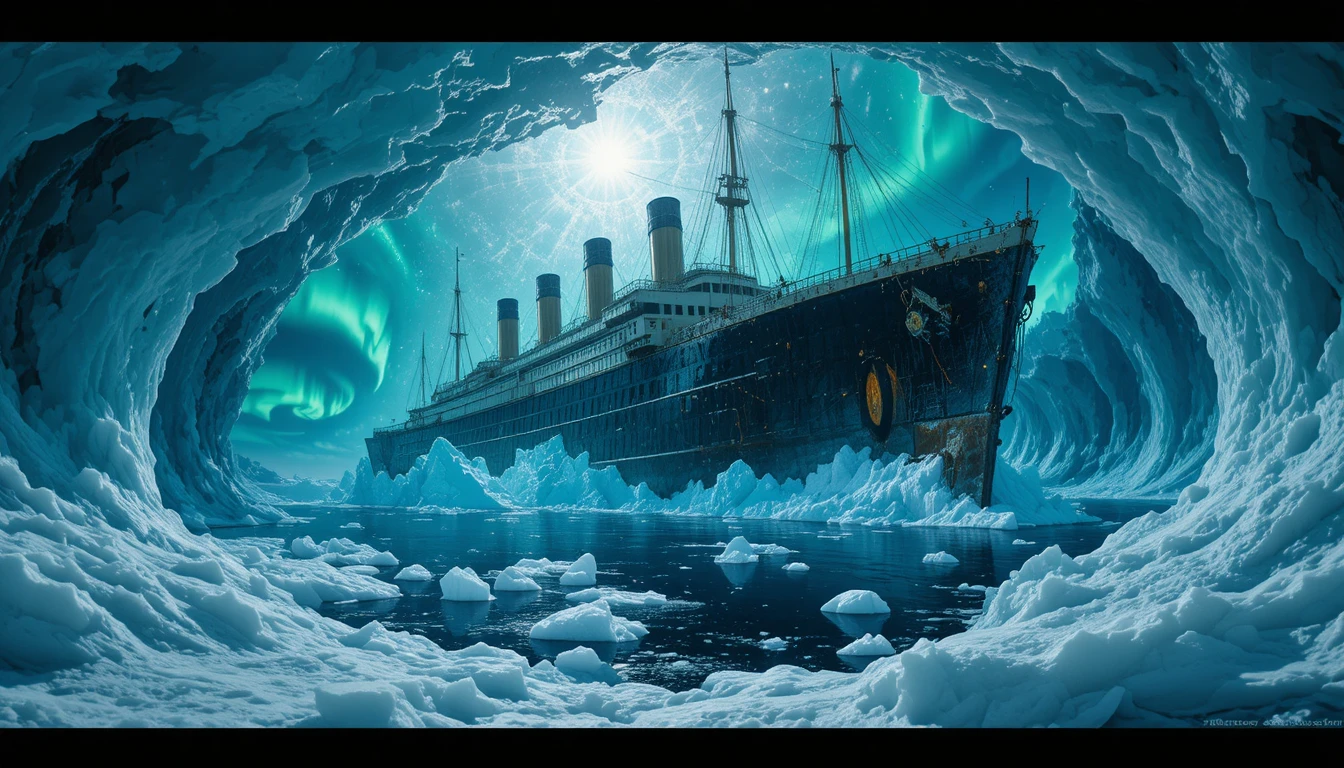 Naufragio de un barco de vapor congelado dentro de un iceberg submarino ártico