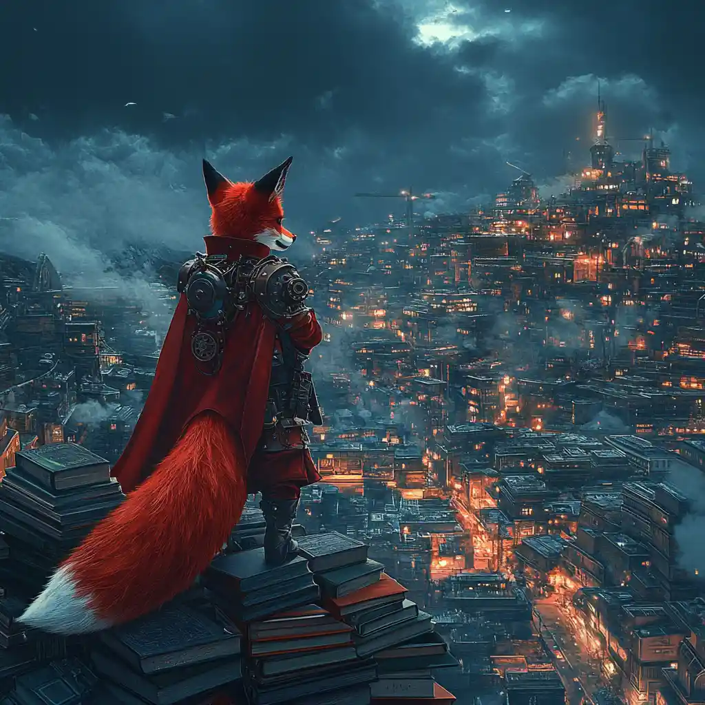 Zorro steampunk blindado que contempla una imponente ciudad de libros