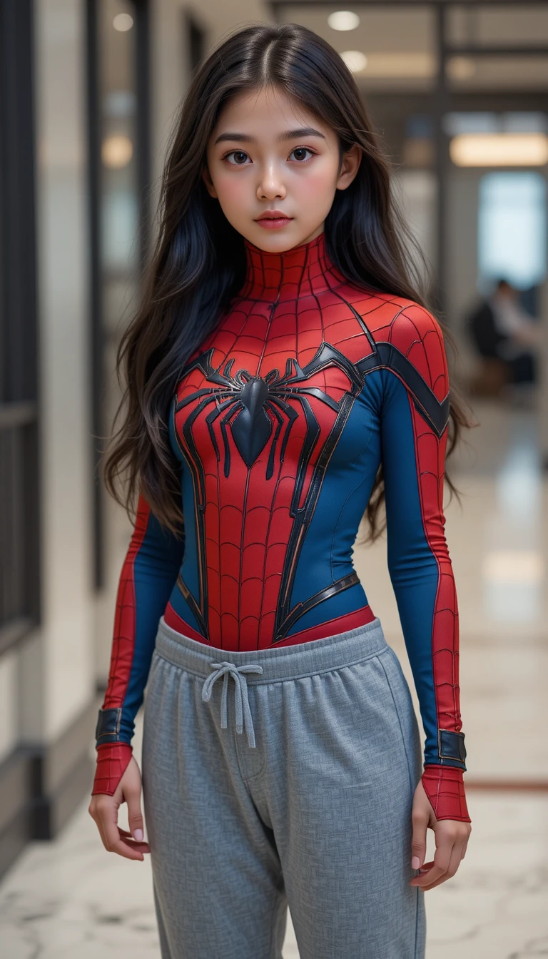 屋内でスパイダーマンのボディースーツとジョガーパンツを着た若い女性