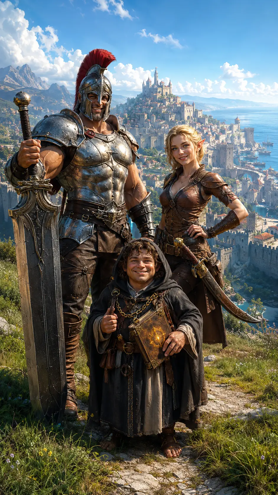 Fantasy heroes overlooking a fortified coastal city
