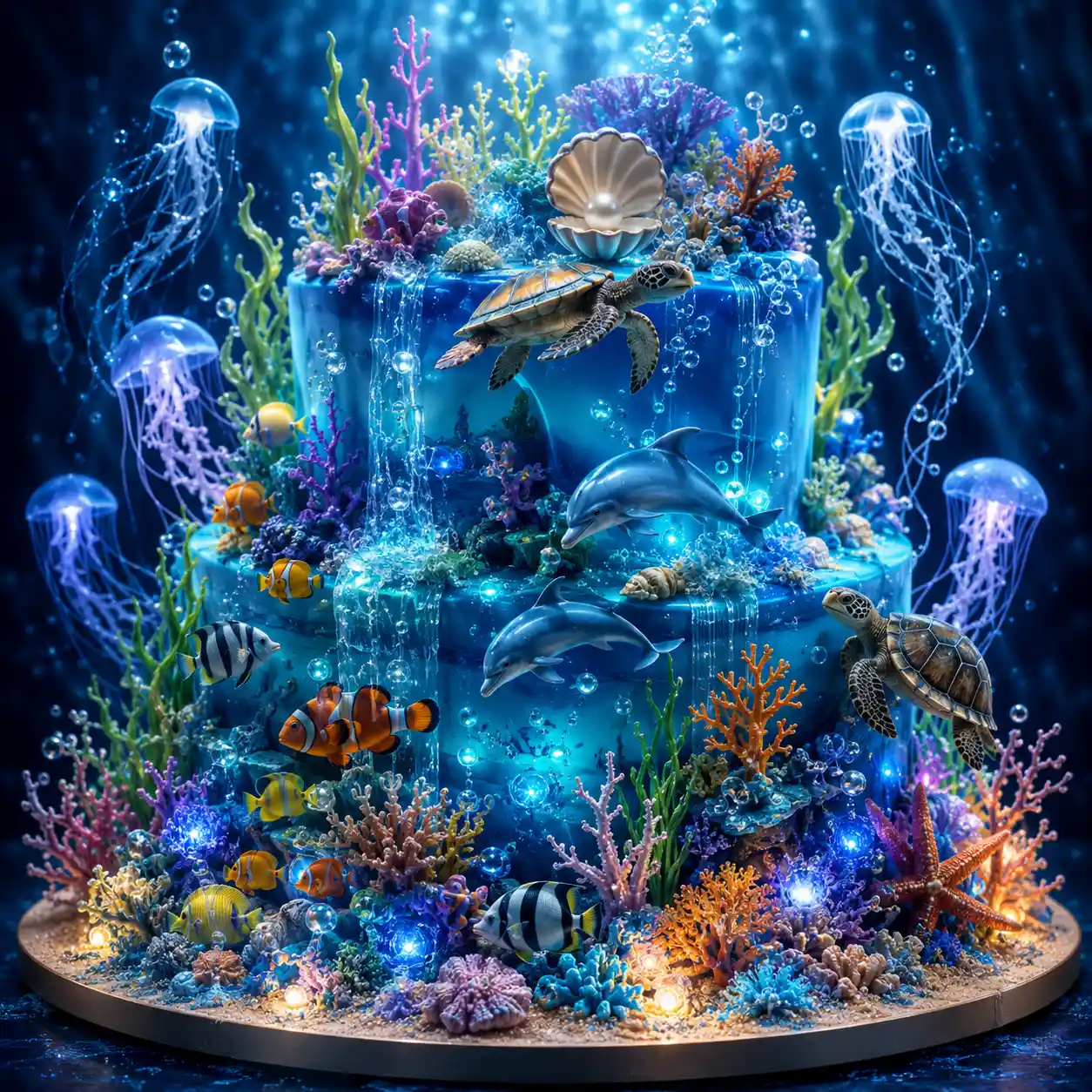 Pastel de fantasía submarino con arrecifes de coral y vida marina