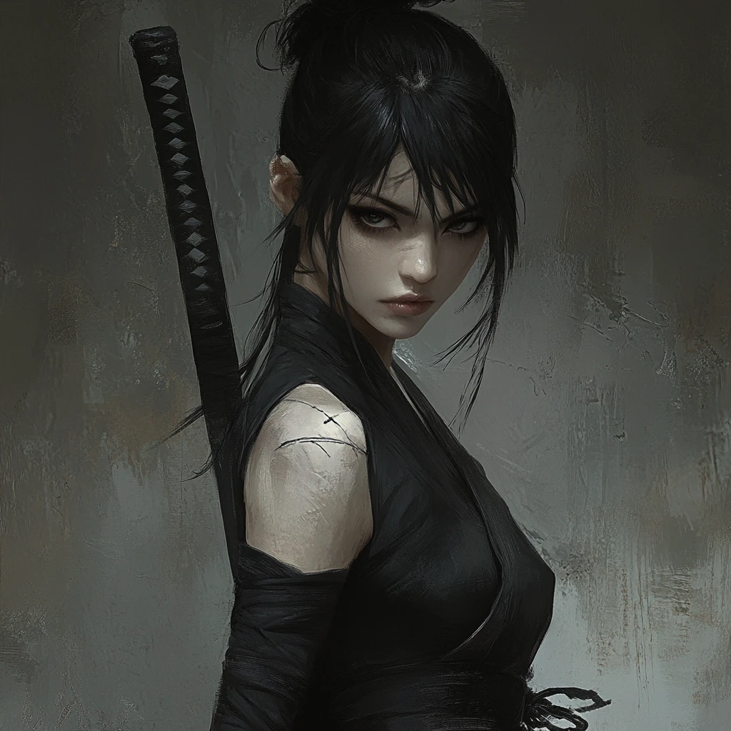 Dark fantasy ninja woman with eyepatch and short sword