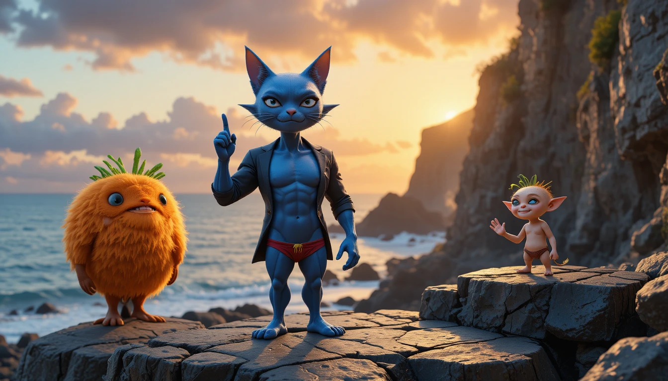 Blue cat hero and creatures on a rocky sunset coast