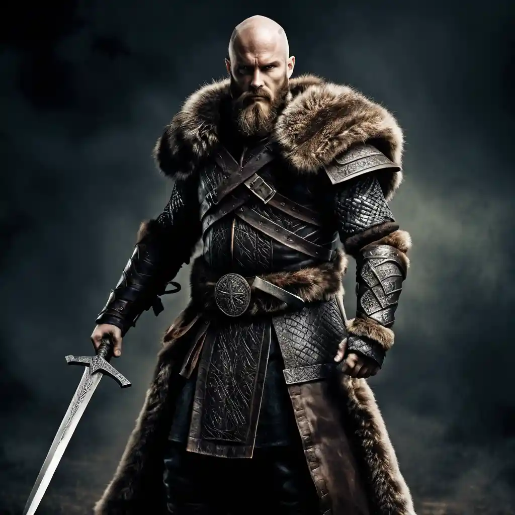 Stoic bald fantasy warrior with rune carved greatsword