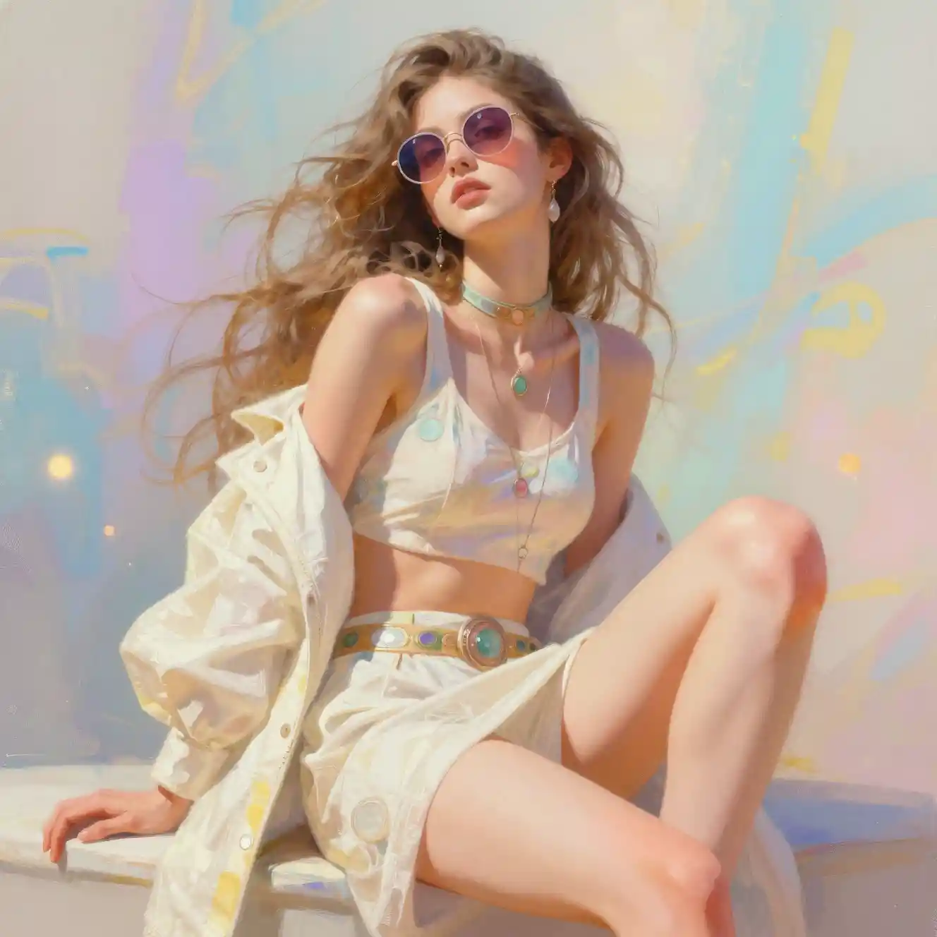 Stylish young woman in pastel fantasy editorial illustration