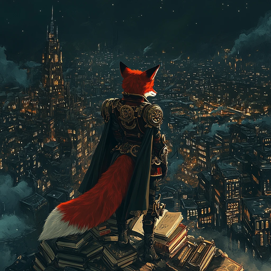Steampunk fox overlooking a retrofuturistic city at night