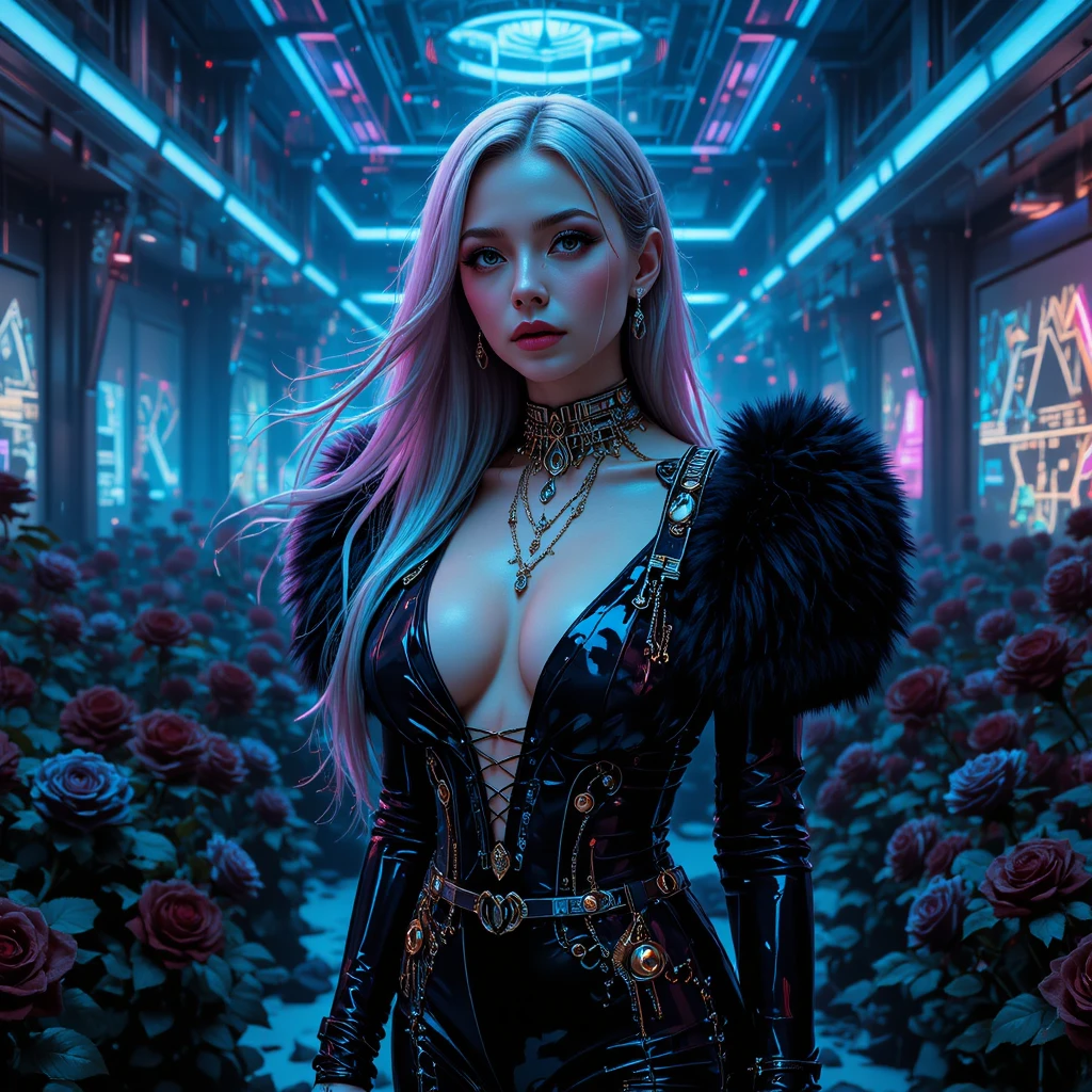 Surreal cyberpunk empress in a futuristic gothic gallery
