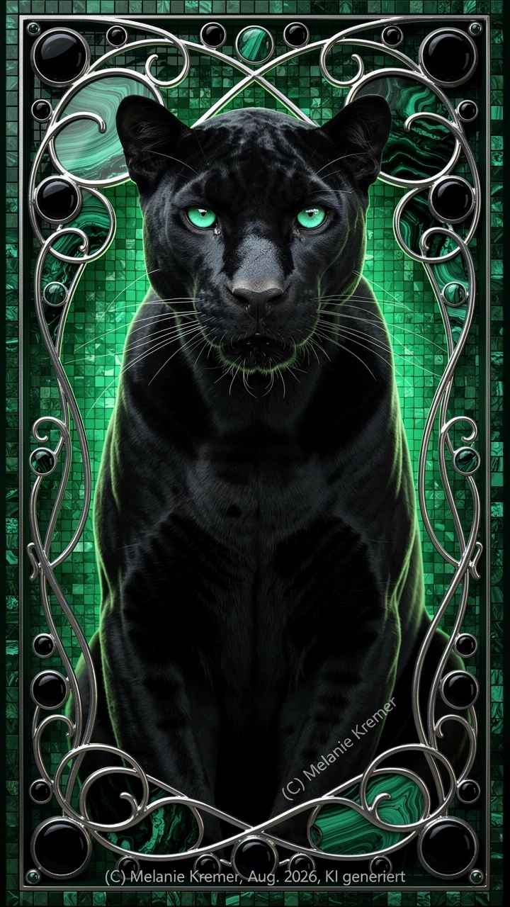 Retrato majestuoso de pantera con fondo de mosaico esmeralda art nouveau