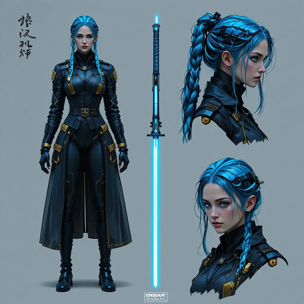 Mercenaria cyberpunk con braccio cibernetico e katana al plasma