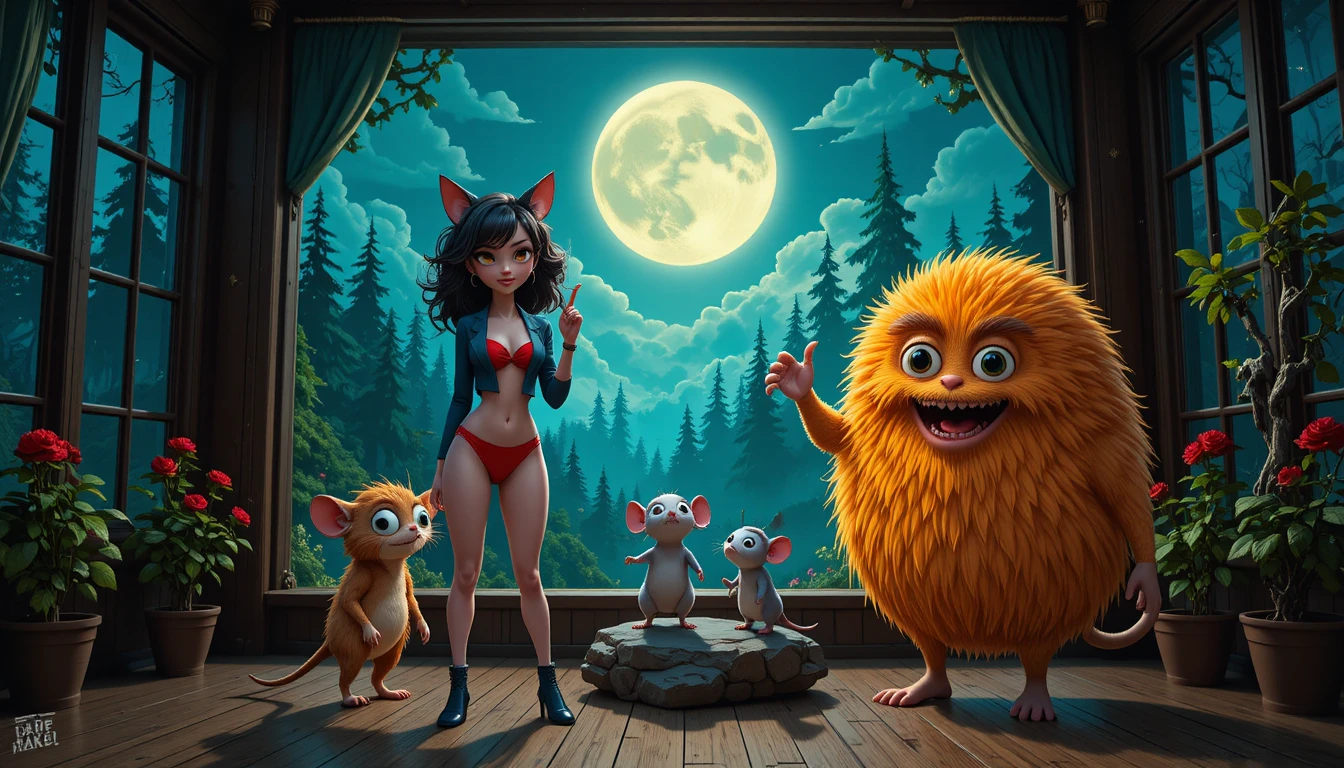Mujer gato y criaturas adorables en habitación de bosque a la luz de la luna
