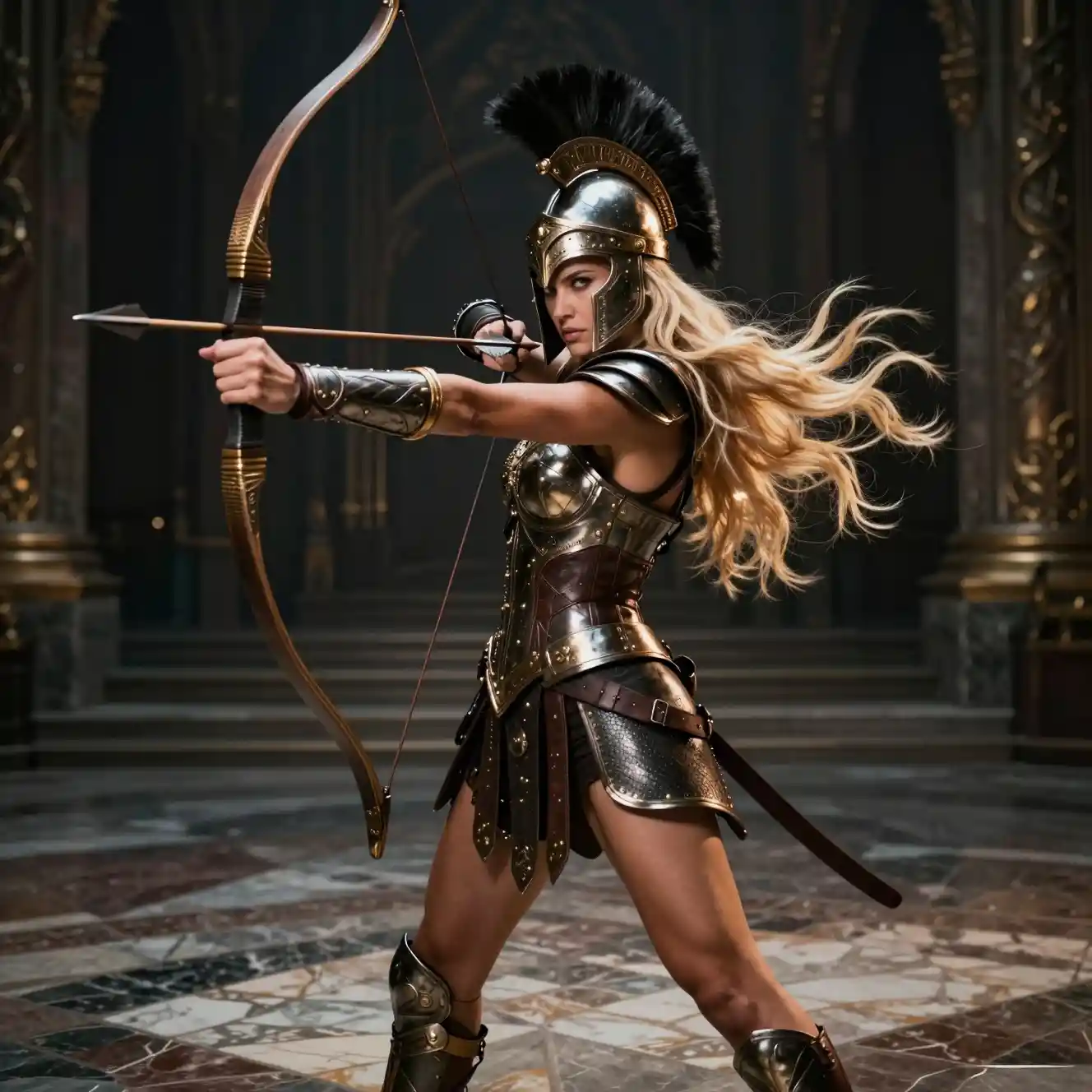 Guerrera rubia apuntando con un arco en un salón antiguo