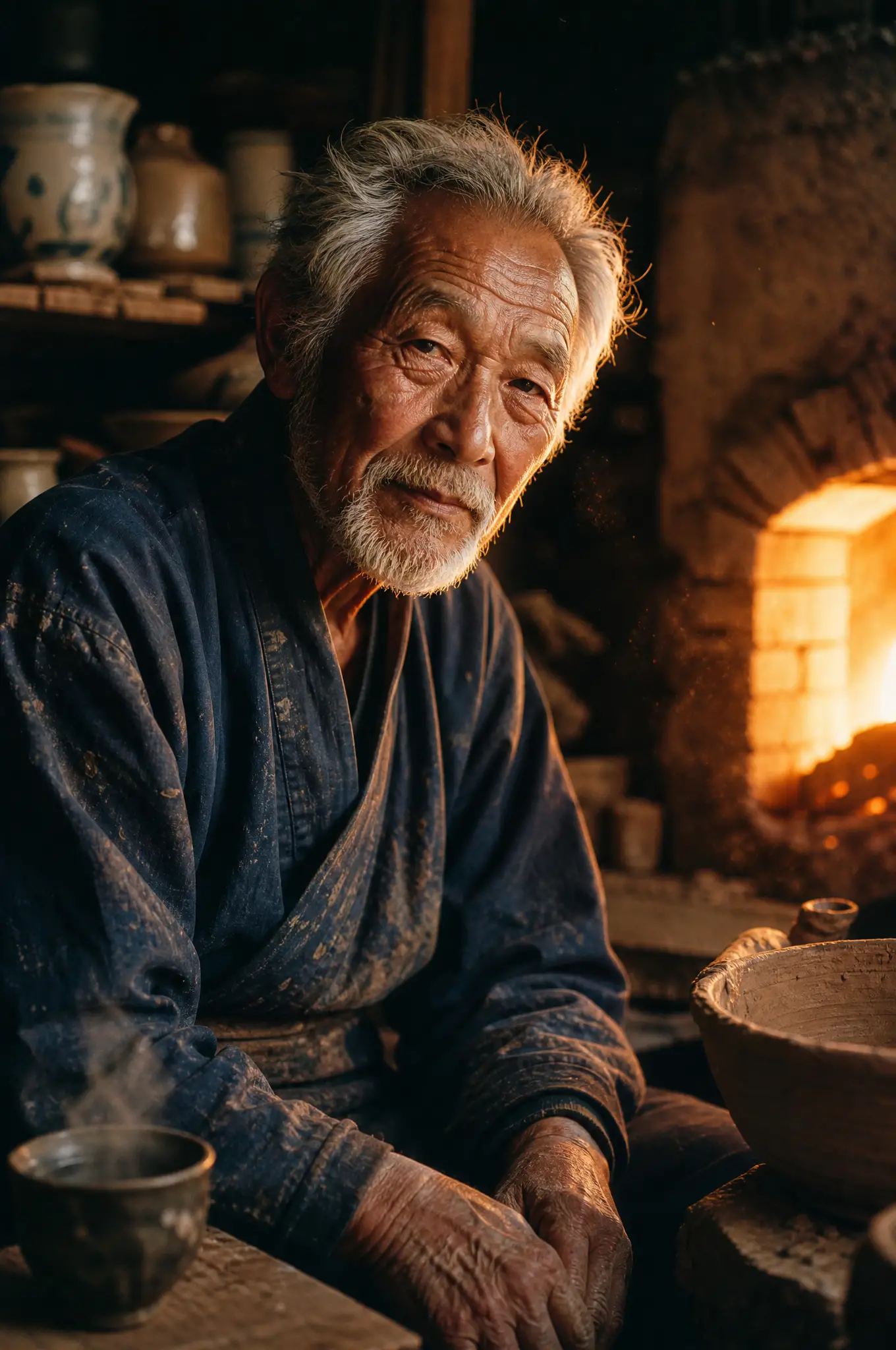 Elderly Japanese potter lit by kiln glow in studio
