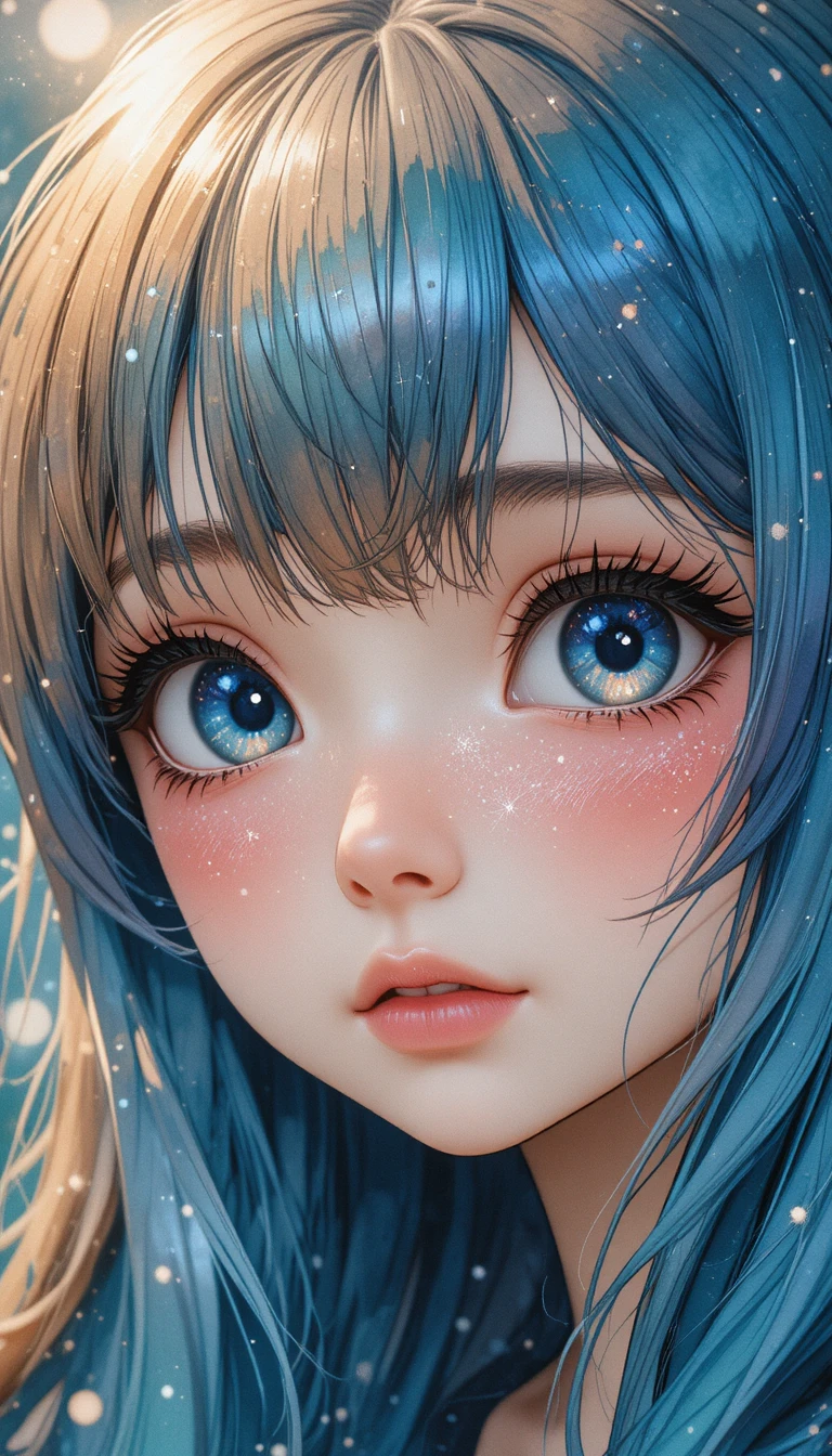 夢幻的なアニメ少女のアップカット：カラフルにきらめく瞳