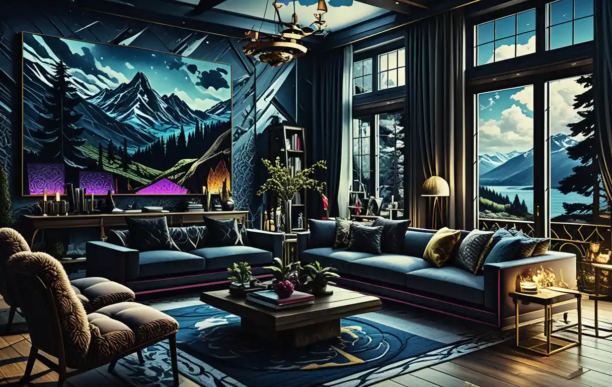 Dark fantasy gallery room with walls covered in paintings