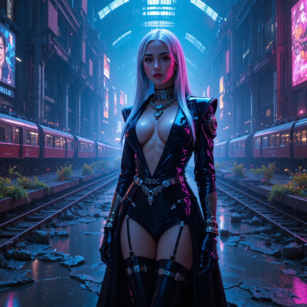 Heroína futurista en la pasarela de una megaciudad en ruinas empapada de neón