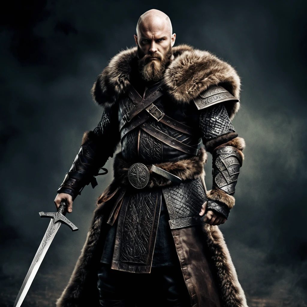 Stoic bald fantasy warrior with rune carved greatsword