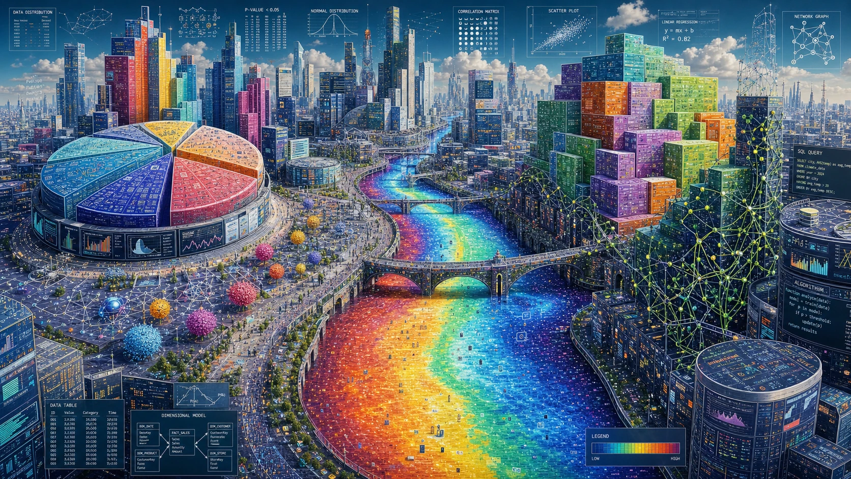 Ciudad futurista con edificios hechos de puras visualizaciones de datos