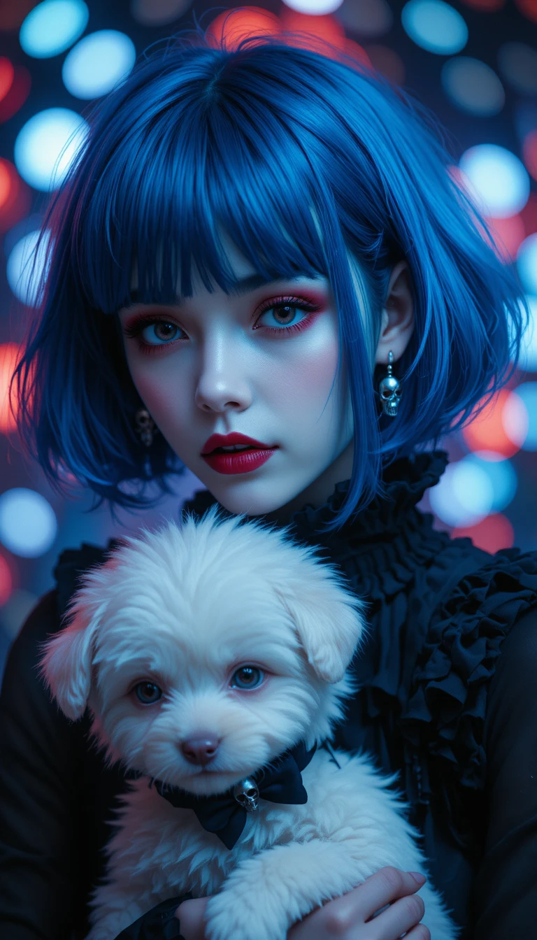 Mujer gótica de cabello azul sosteniendo cachorro blanco