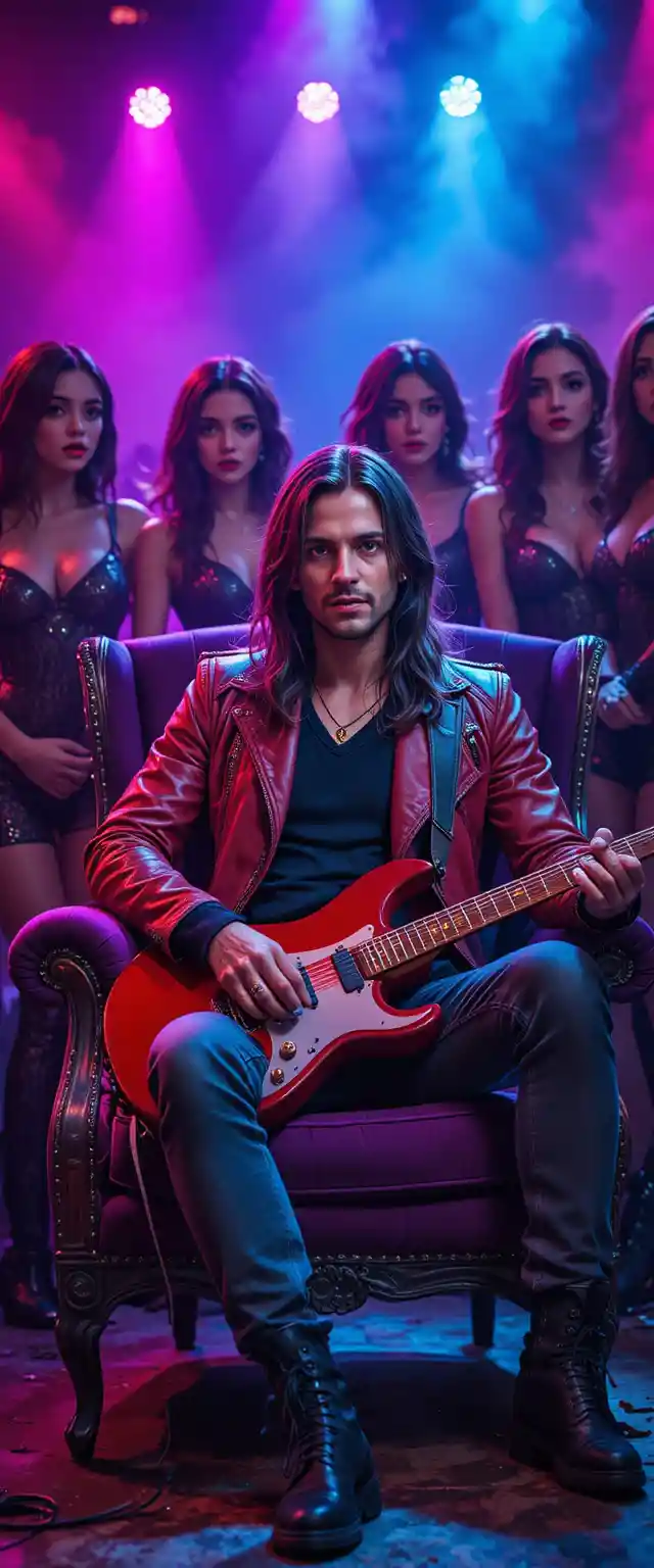 Estrella de rock vampiro en sillón de terciopelo morado con guitarra