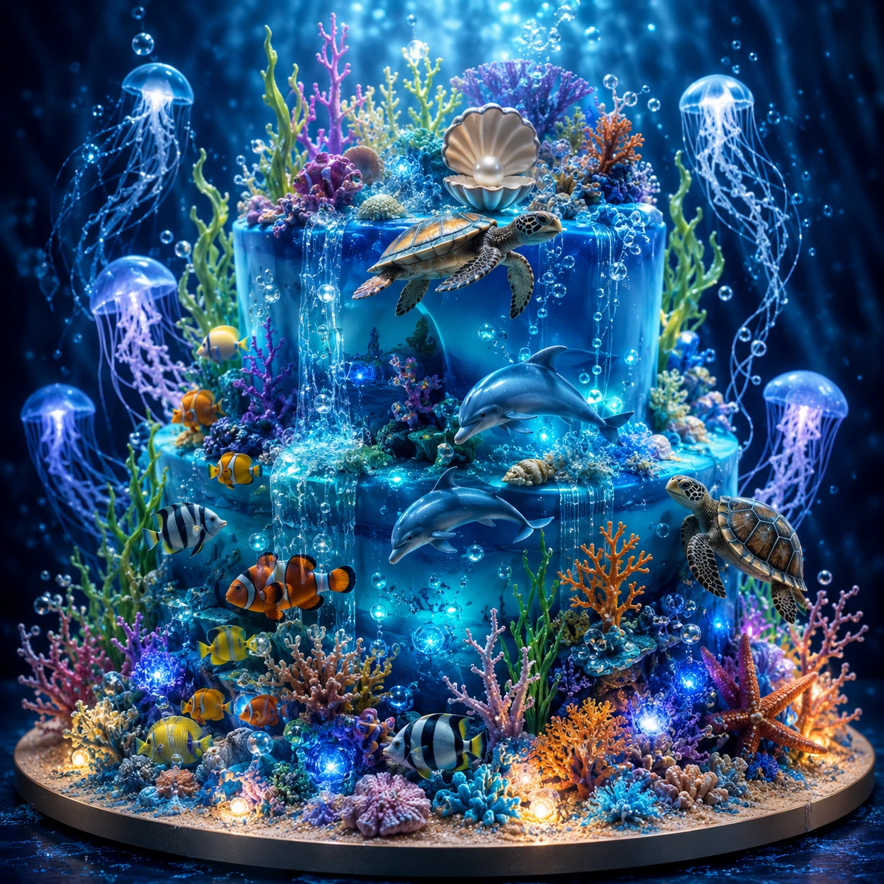 Pastel de fantasía submarino con arrecifes de coral y vida marina