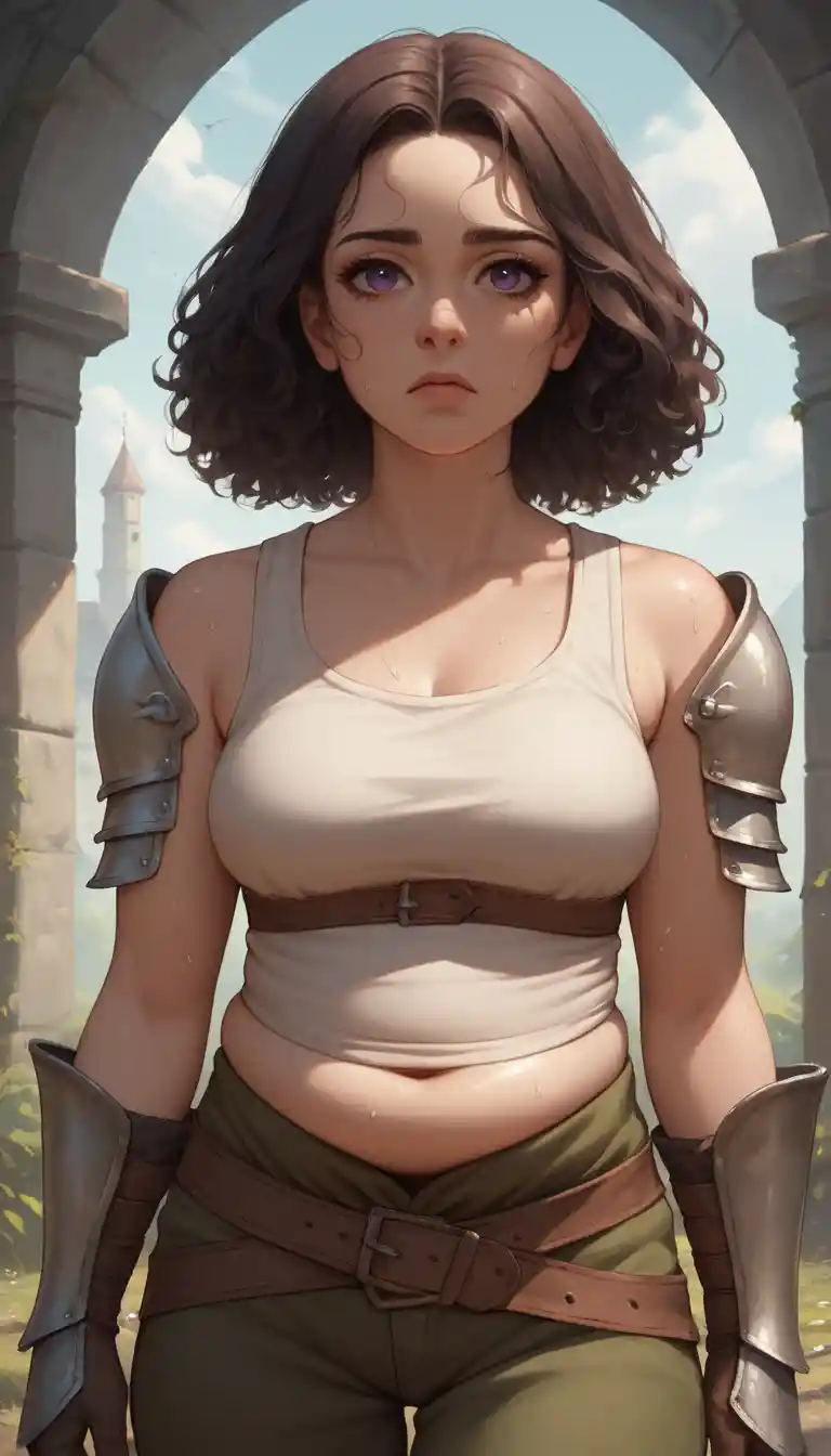 Guerrera de anime con armadura junto a un oasis al atardecer