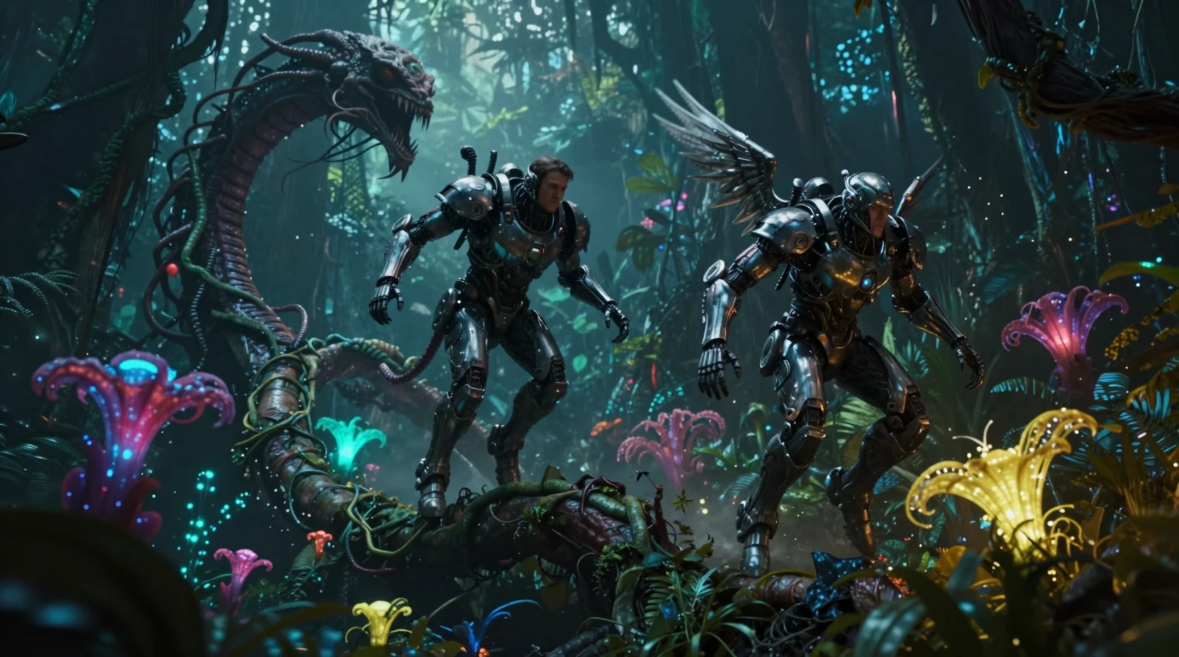 Guerreros acorazados cruzando una selva futurista bioluminiscente