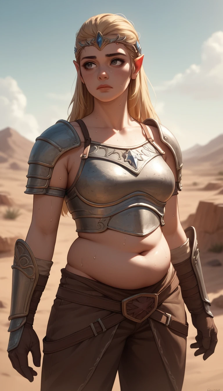 Guerrera del desierto estilo anime junto a un oasis al anochecer