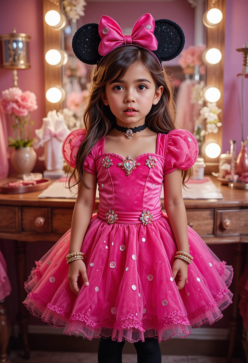 Niño hispano con vestido de princesa Minnie frente al tocador del dormitorio