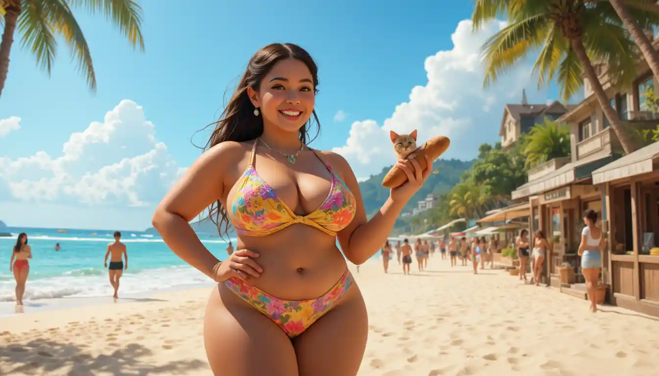 Donna sicura di sé in bikini colorato su una spiaggia delle Hawaii