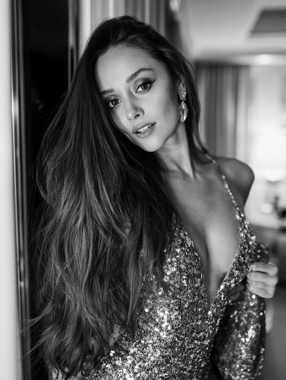 Elegant woman in sequined dress holding a chic bag