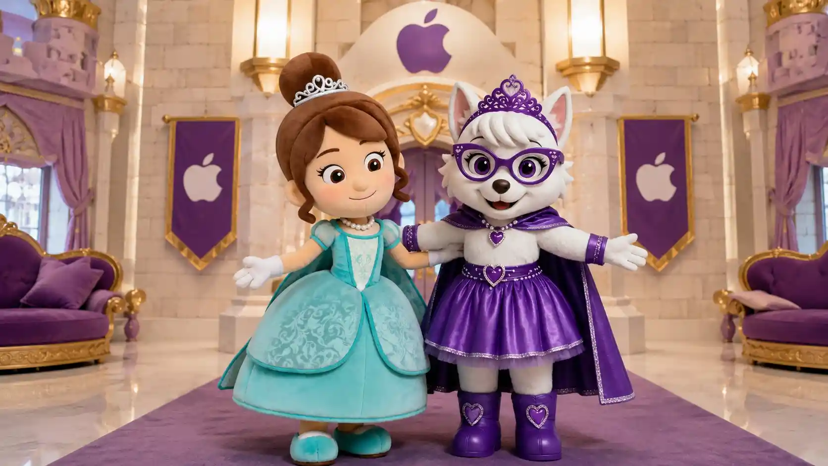 Dos princesas mascota de pie frente a un castillo de fantasía