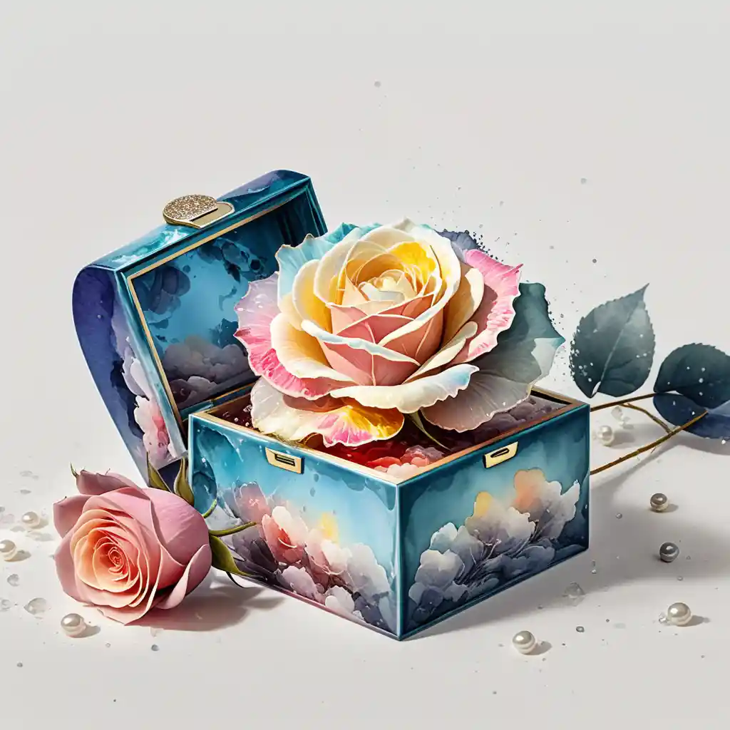 Blue keepsake box with blooming rose and cascading pearls