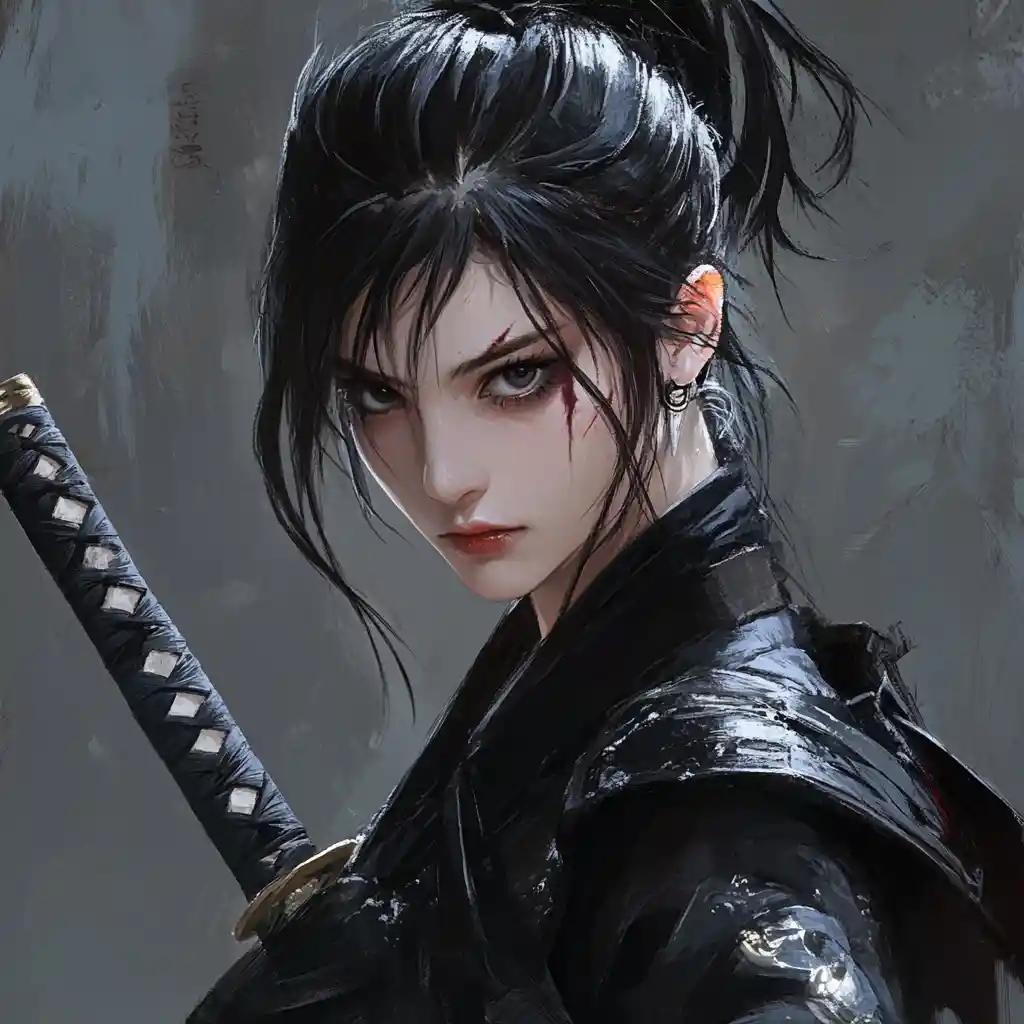 Dark fantasy ninja warrior with eyepatch and short sword