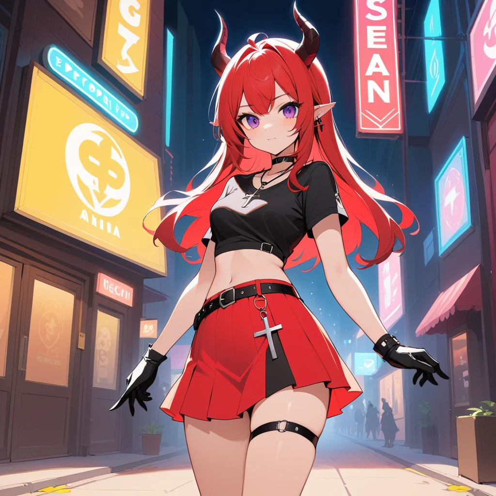 Chica de anime neón con cuernos en atuendo negro y rojo