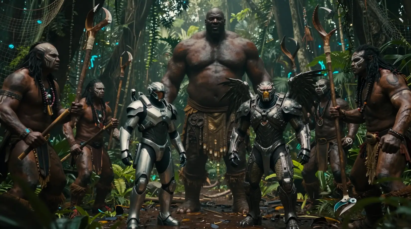 Guerreros futuristas se enfrentan a gigantes tribales en una selva oscura