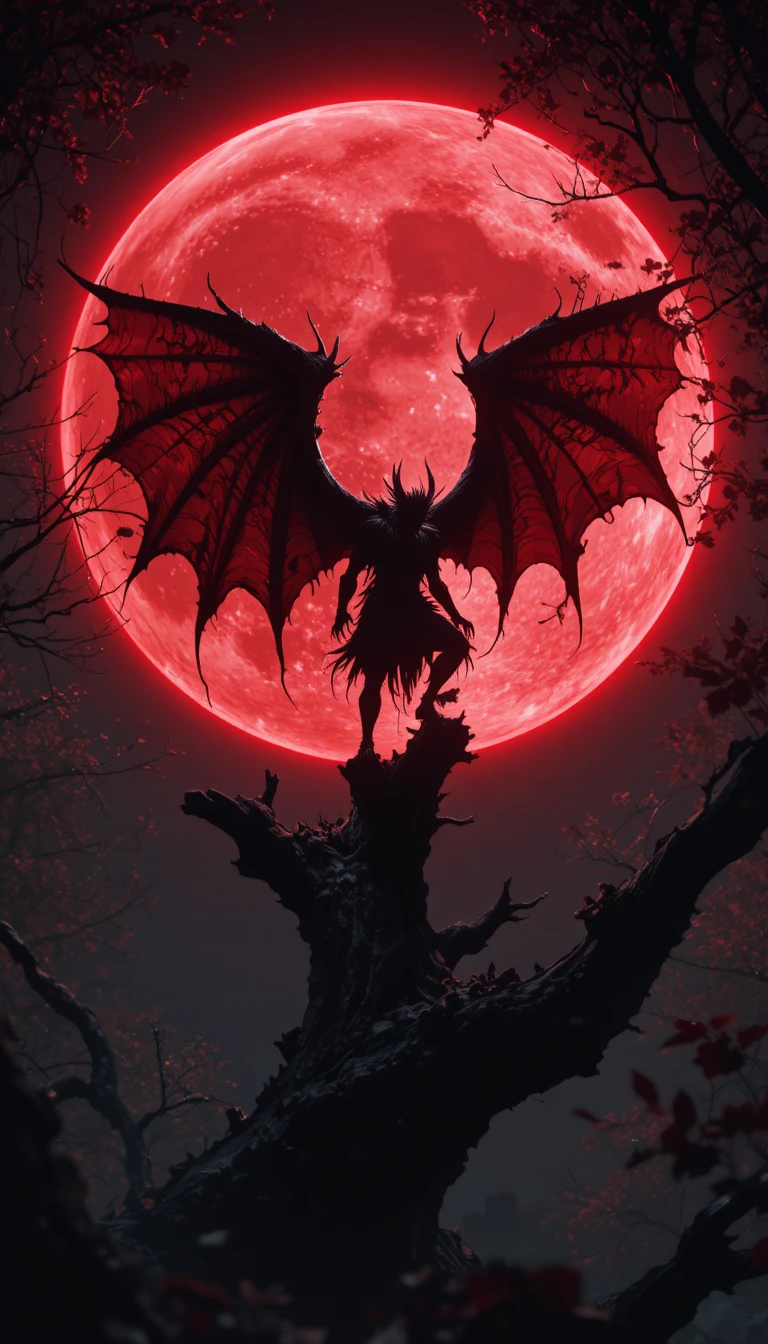深紅の血の月に浮かぶ悪魔のシルエット