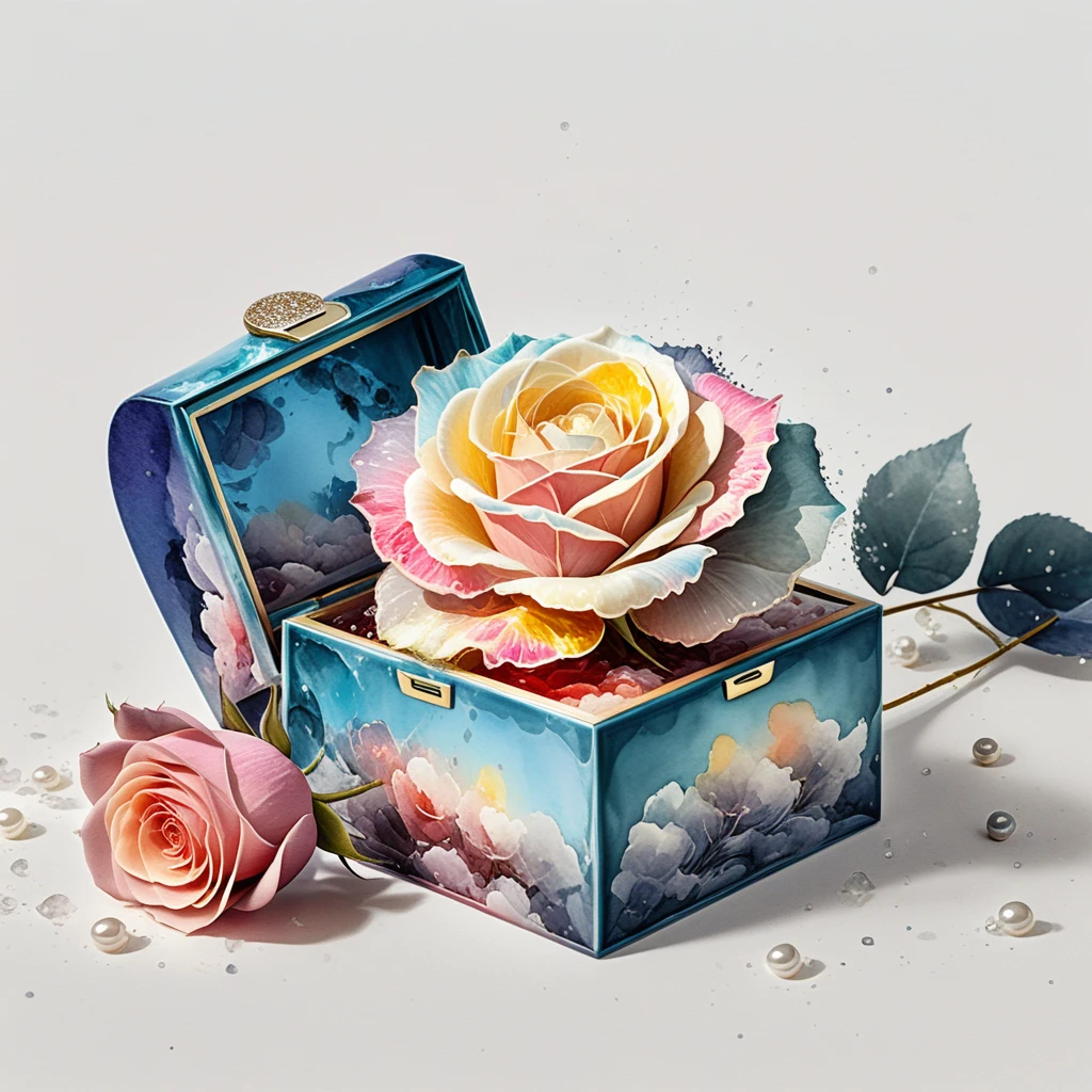 Blue keepsake box with blooming rose and cascading pearls