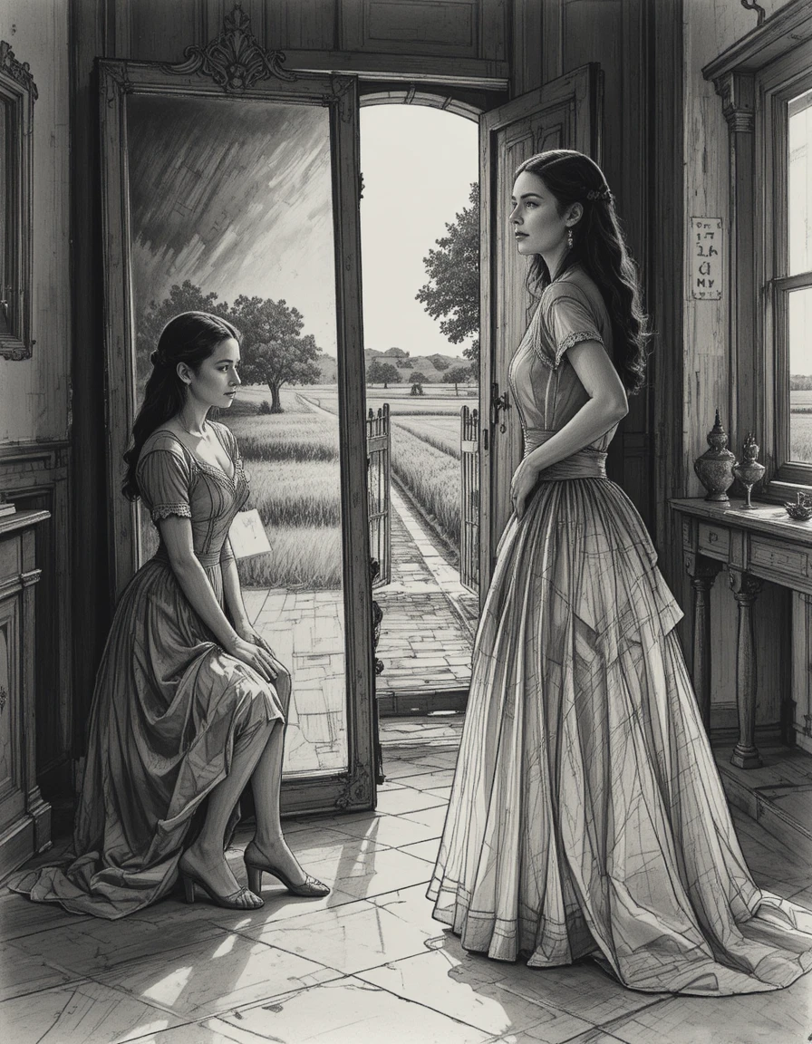 Mujeres victorianas en luz contrastante frente a un espejo alto