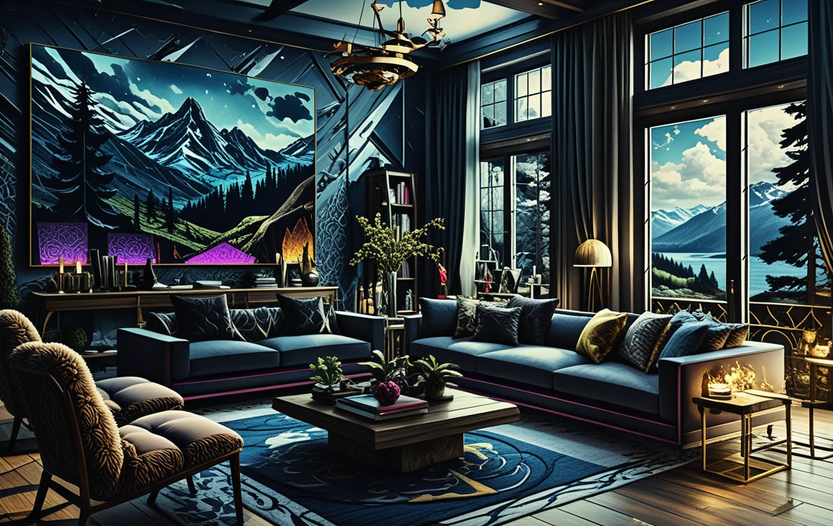 Dark fantasy gallery room with walls covered in paintings