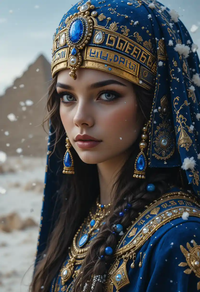 Egyptian queen in snow before distant pyramids