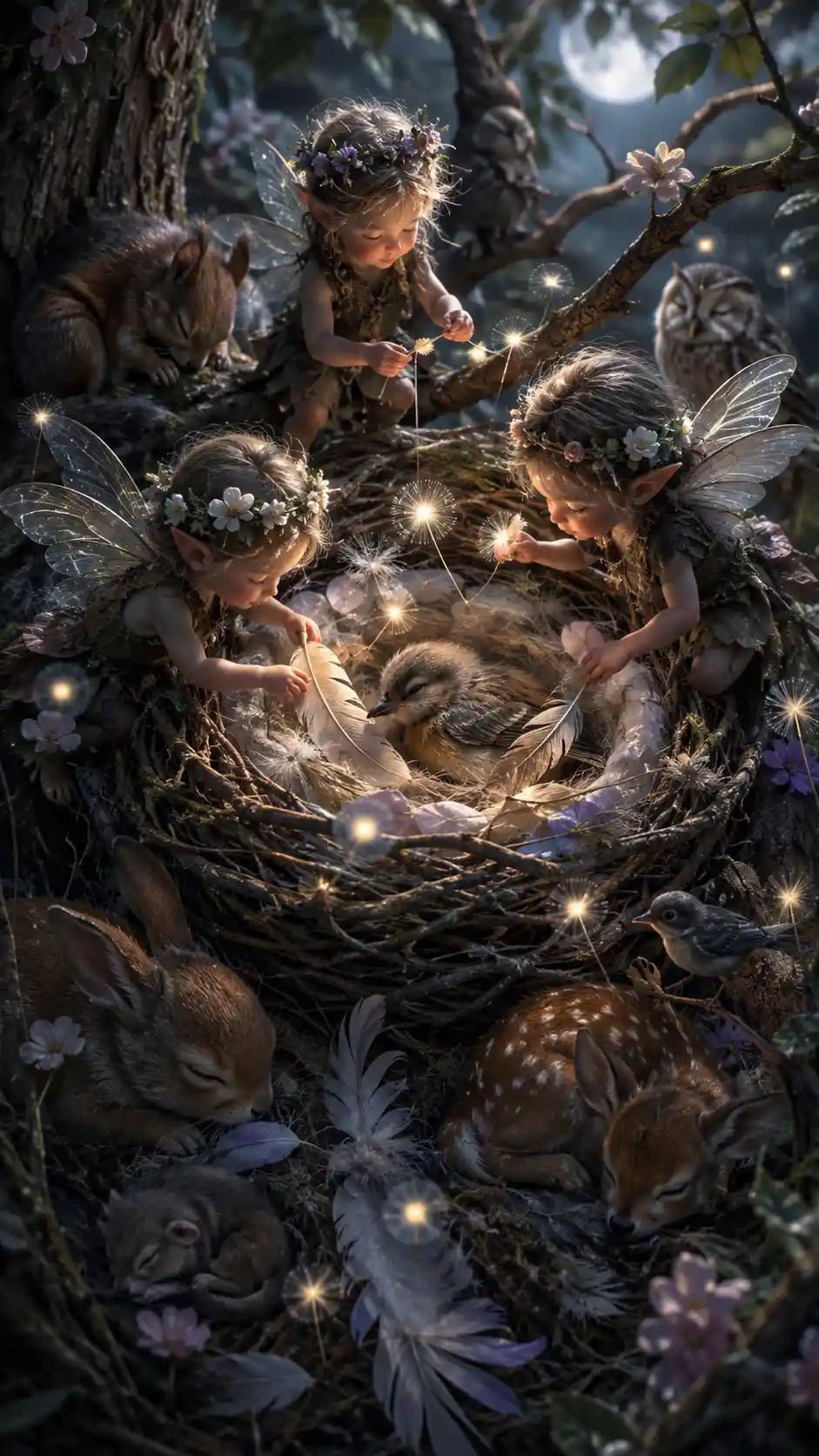 Minúsculos guardianes del bosque que tejen sueños en nidos de pájaros luminosos