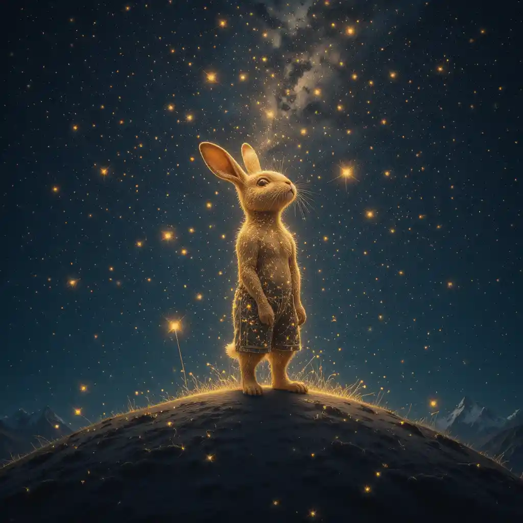 Conejo dorado brillando en una galaxia oscura y estrellada