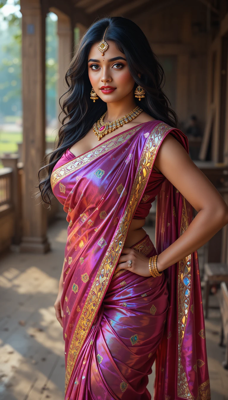 Mujer india con sari brillante estampado en pose de cuerpo completo