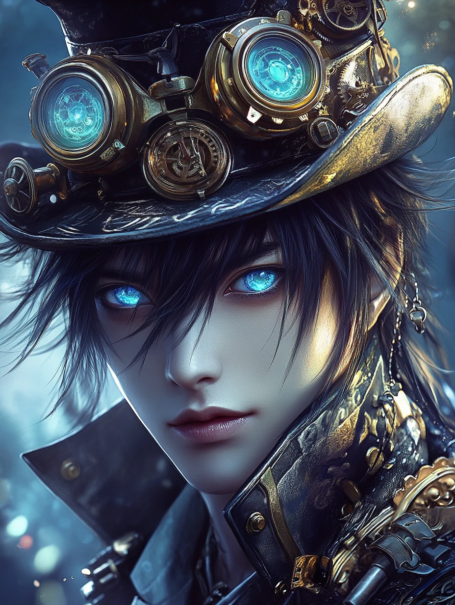 Steampunk samurai man portrait with glowing blue eyes